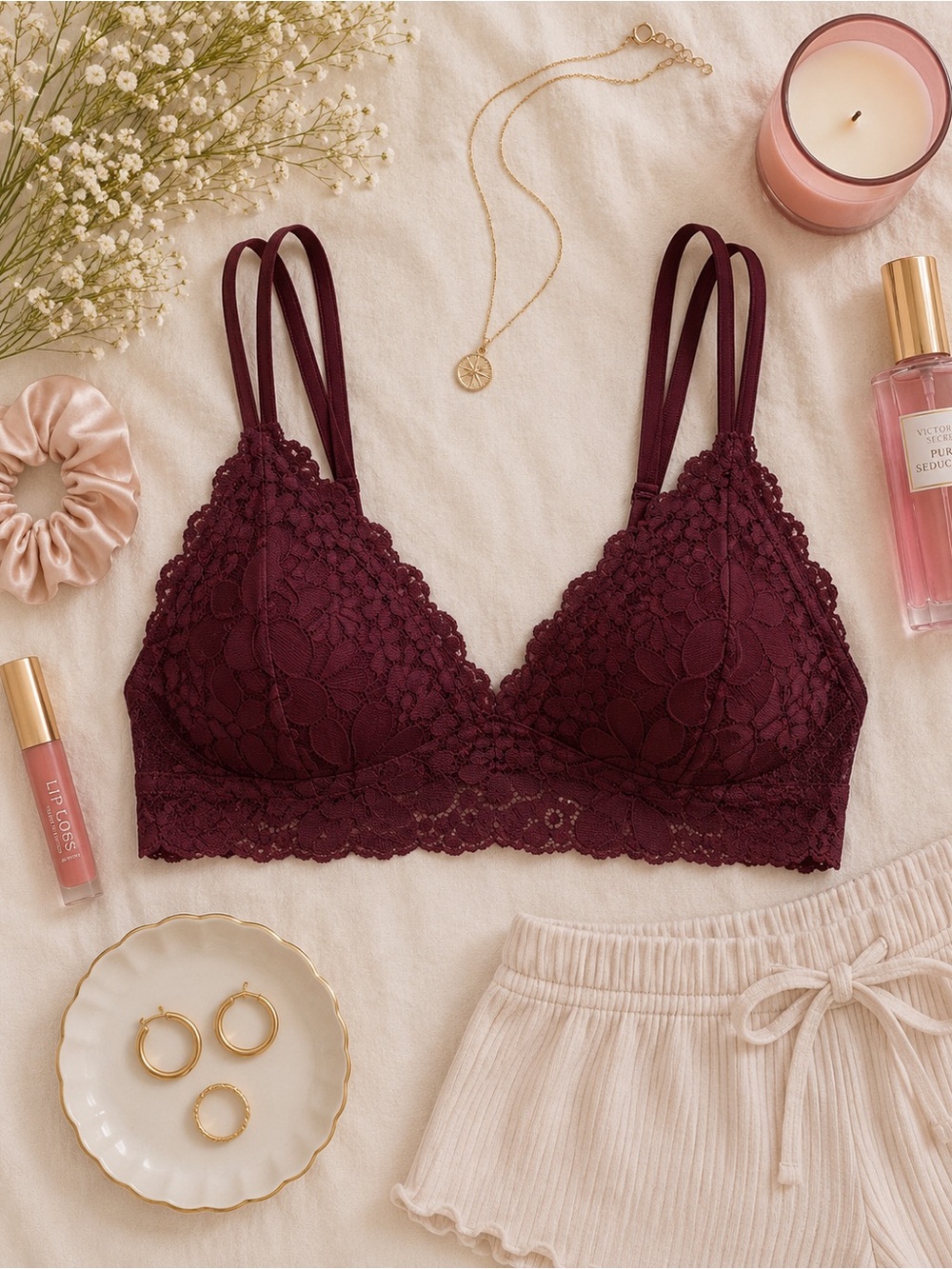 NWT Aerie Real Happy Wireless Lightly Lined Candy Laced Bra Royal Berry Size 36B